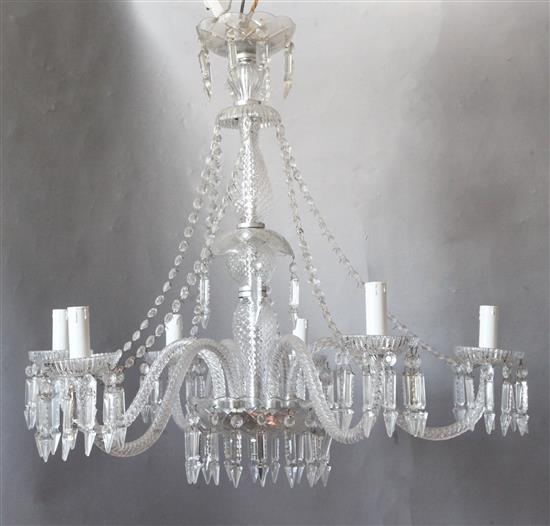 A Georgian style cut and moulded glass five light chandelier, drop 2ft 4in. diam. 2ft 8in.